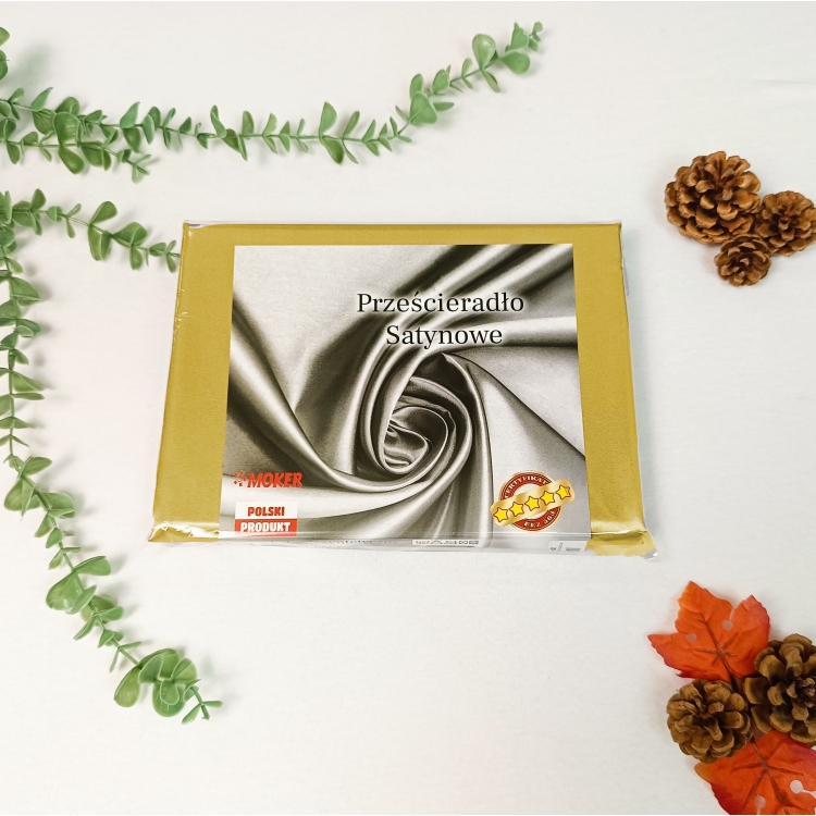 Prześcieradło Satynowe Atłas bez gumki- Złoto, zdjęcie prześcieradła w opakowaniu